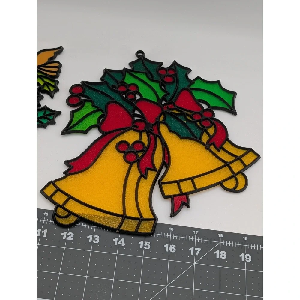 Plastic‎ Christmas Stained Window Hanging 11 Inch Candle Doves Bells Holly